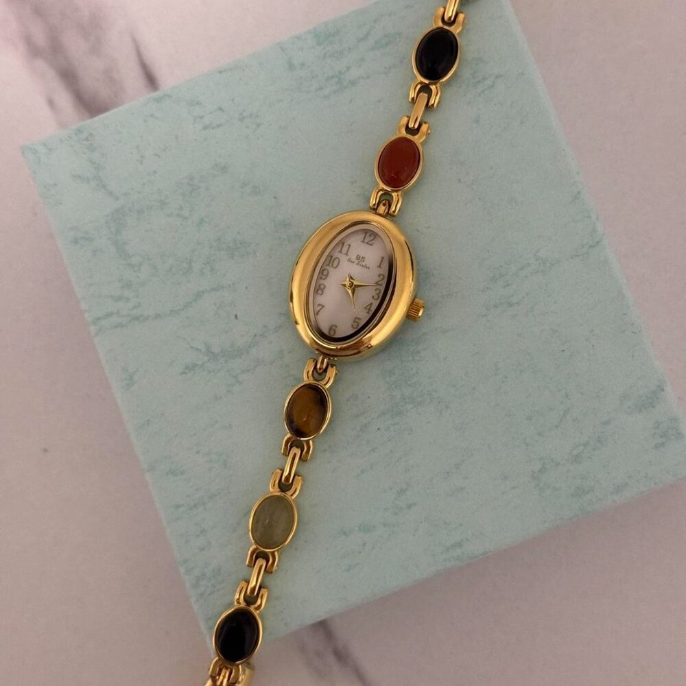 Sku0459 Retro Gold Multicoloured‎ Gemstone Women Watch Bracelet + gift bag